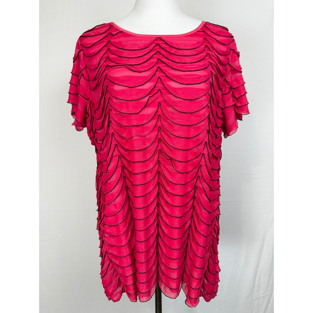 Notations Scalloped Tiered Blouse Women 1X Pink Ruffle Short‎ Sleeve WNKU1091
